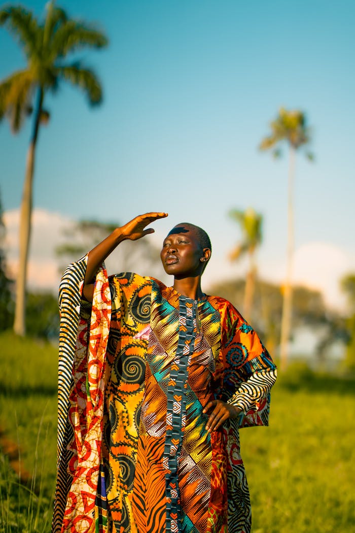 A woman in colorful African attire enjoys a sunny day in Uganda's lush outdoors.